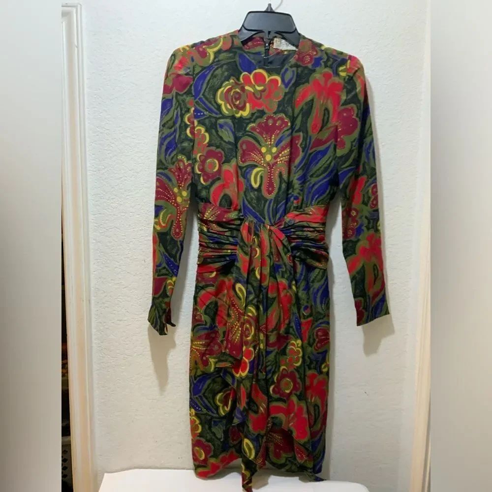 Vintage 1980s Jean Louis Scherrer Silk floral multicolor Dress| Sz 36